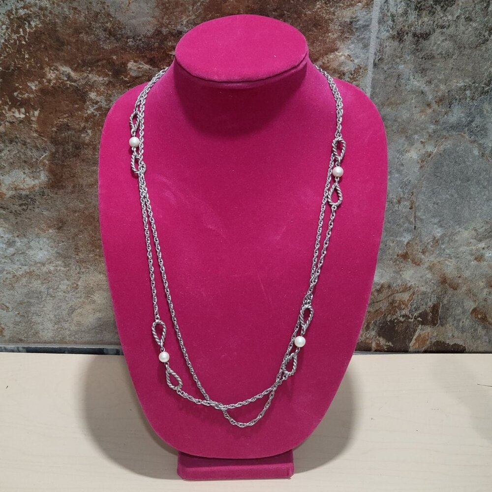Multi Strand Silver Tone Long Chain Necklace Faux Pearls 28 Inches